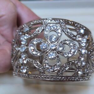 Rhinestone Filigree Silver Cuff Bracelet - Sparkling Crystal Accents